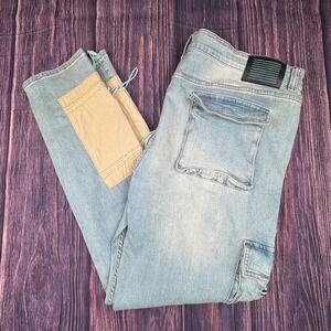 Serenede Cargo Jeans 44 Cotton Spandex Streetwear‎ Tactical Light Wash Denim